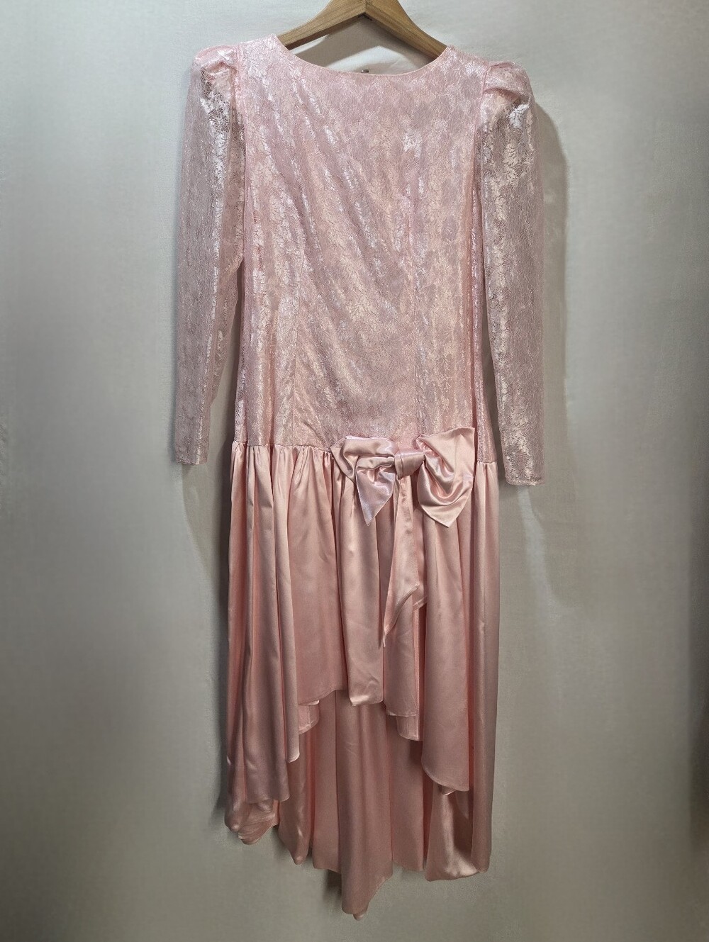 80s Pink Lace & Satin Dress Drop Waist Asymmetrical High-Low Hem & Bow Handmade